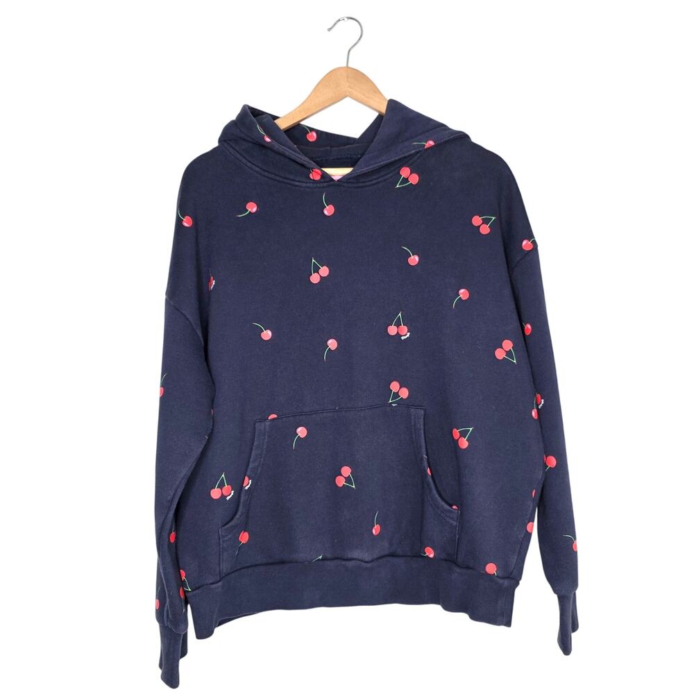 Starfit Medium Navy Blue Cherry Print Hoodie Sweatshirt Cotton Blend Pullover
